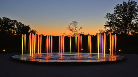 A stunning water fountain featuring vibrant jets illuminated by colorful lights at sunset. This serene outdoor scene captures the beauty of nature against a picturesque skyline.の素材