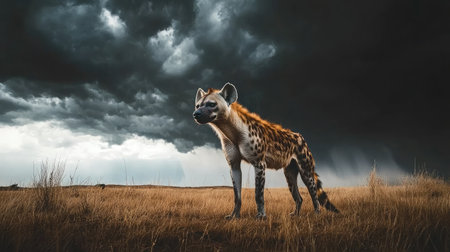 A lone hyena stands majestically in a vast golden grassland, framed by dramatic dark storm clouds above, showcasing the raw beauty of wildlife in its natural habitat.の素材