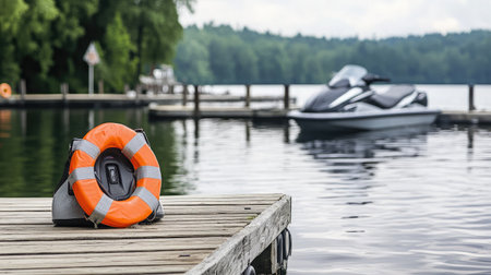 A bright orange life buoy is positioned on a wooden dock by a serene lake, showcasing a parked jet ski in the background, ideal for conveying safety and outdoor adventure themes.の素材