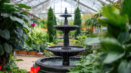 A stunning water fountain stands gracefully in the center of a vibrant glasshouse, surrounded by lush plants and colorful flowers, creating a tranquil escape.の素材