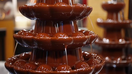 This captivating chocolate fountain features a rich flow of chocolate cascading over tiers, inviting guests to indulge in delicious treats for any festive occasion.の素材