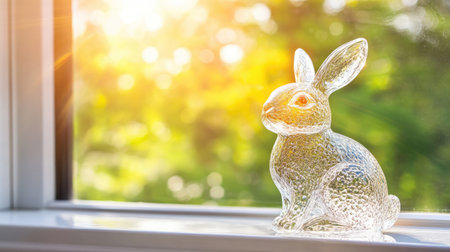 A charming glass rabbit figurine glistens in the warm sunlight on a windowsill, surrounded by a soft blur of lush greenery, showcasing delicate craftsmanship and serene beauty.の素材