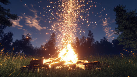 A mesmerizing campfire illuminates a tranquil night scene, glowing warmly among vibrant grass and trees, while shimmering sparks dance toward the starry sky.の素材
