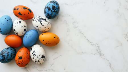 A vibrant collection of uniquely patterned Easter eggs arranged on a white marble background, ideal for inspiring spring decor ideas and highlighting seasonal celebrations.の素材