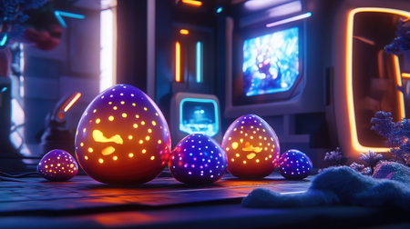 This vibrant image showcases colorful futuristic eggs emitting light in a high-tech environment, creating a captivating sci-fi aesthetic perfect for visual creativity.の素材
