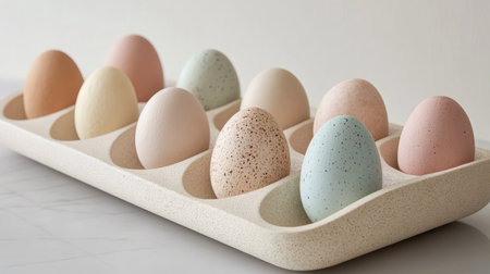 A striking arrangement of pastel-colored eggs in a minimalist tray, set against a soft marble background, ideal for Easter themes and decorative ideas.の素材