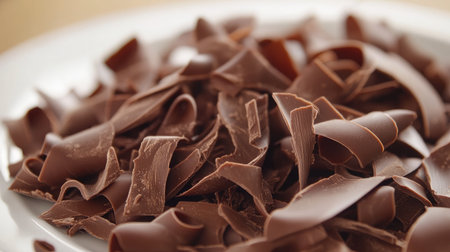 A close-up view of rich chocolate shavings on a white plate, ideal for enhancing desserts, cakes, and gourmet recipes with a touch of elegance and decadence.の素材