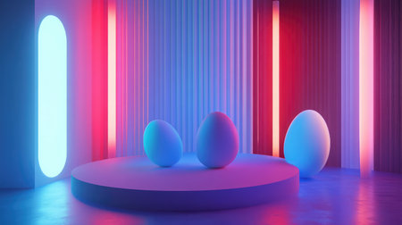 A captivating scene featuring three smooth eggs on a circular platform, illuminated by vibrant neon lights, set against a modern interior that highlights abstract design elements.の素材