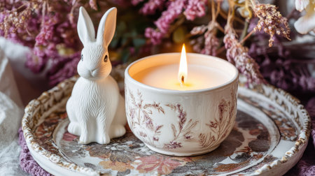 A charming still life scene featuring a lit candle next to a cute bunny figurine, surrounded by dried flowers, creating a warm and inviting atmosphere perfect for spring decor.の素材