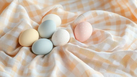 A charming arrangement of pastel-colored eggs on a soft gingham fabric, ideal for Easter celebrations and crafting projects, adding a refreshing touch to any setting.の素材