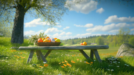 Enjoy a peaceful outdoor setting featuring a rustic wooden picnic table adorned with a basket of colorful fruits, surrounded by vibrant flowers and lush greenery under a blue sky.の素材