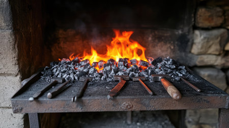 A vivid depiction of a blacksmith's forge featuring flames and hot coals with various tools positioned along the edge, illustrating the rich tradition of metalworking and craftsmanship.の素材