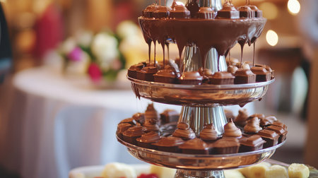 A stunning chocolate fountain centerpiece showcases rich, melting chocolate, inviting guests to indulge in various delightful treats at an elegant event setting.の素材