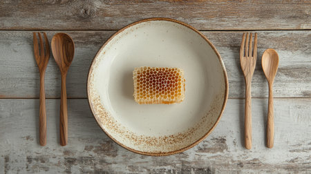 A beautiful presentation of fresh honeycomb on a rustic plate with natural wooden utensils, highlighting the sweetness and texture of nature's delicacy in a minimalist style.の素材