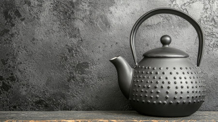 A sleek black teapot rests on a textured dark background, ideal for use in home decor, kitchen scenes, or minimalistic styling. Perfect for tea lovers.の素材