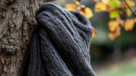 A cozy knit scarf drapes over a tree, showcasing its rich texture and warmth amidst autumn leaves, creating a serene and inviting atmosphere.の素材