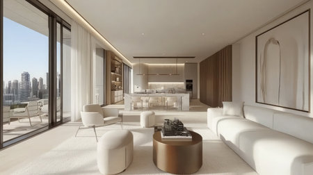 This modern living room features elegant furnishings with a stunning city view, showcasing a blend of minimalism and comfort in a bright space.の素材