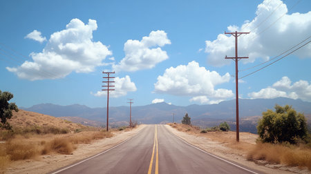 A beautiful landscape showcasing a long, straight road leading towards majestic mountains under a bright blue sky dotted with fluffy clouds, evoking feelings of freedom and exploration.の素材