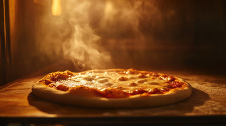 A vibrant image of a freshly baked Margherita pizza in an oven, with steam rising from the golden crust and melted cheese, creating a mouthwatering visual for food enthusiasts and culinary projects.の素材