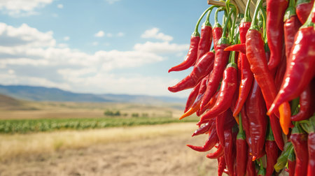 Fresh red chili peppers hang from a wooden rack, showcasing vibrant colors against a beautiful rural landscape with fields and blue skies, perfect for culinary and agricultural themes.の素材