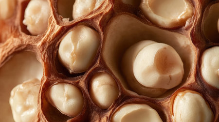 This close-up image showcases a unique natural texture with a focus on organic shapes and colors. Perfect for projects themed around nature or scientific exploration.の素材