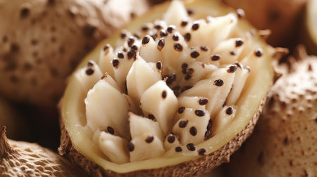 Close-up view of an exotic tropical fruit split open, showcasing its creamy flesh and unique seeds. Perfect for food photography and culinary themes.の素材