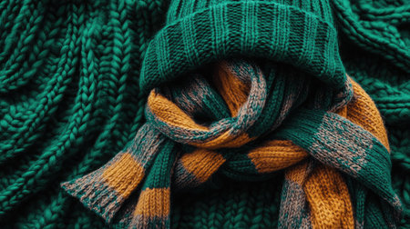 A vibrant green knitwear set featuring a soft scarf and a beanie. Perfect for winter fashion, offering warmth and style for cozy indoor moments.の素材