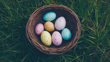 A vibrant collection of pastel-colored Easter eggs nestled in a natural basket, surrounded by lush green grass, creating a perfect spring holiday scene.の素材