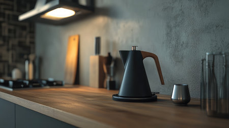 A modern kitchen scene featuring a stylish kettle on a wooden countertop. The design showcases minimalistic elements, warm lighting, and a cozy atmosphere perfect for culinary enthusiasts.の素材