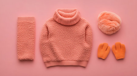 Delight in this cozy peach sweater and matching accessories, perfectly arranged on a soft pink background. Ideal for winter fashion inspiration.の素材