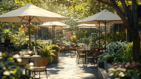 A beautiful outdoor dining area bathed in sunlight, featuring cozy tables and chairs surrounded by lush greenery and colorful flowers, perfect for relaxation.の素材