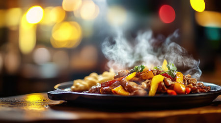 A steaming hot plate of stir-fried meat and vibrant vegetables presented in a cozy restaurant, showcasing culinary expertise and delicious flavors for food lovers.の素材