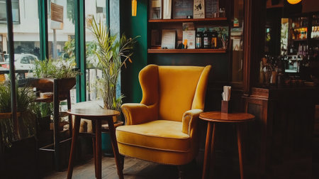 A cozy yellow chair in a stylish cafe setting invites relaxation. Surrounded by greenery and warm light, it creates a perfect spot to unwind or socialize.の素材