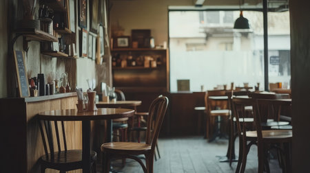 A cozy modern cafe interior featuring empty tables and wooden furniture. The warm ambiance invites relaxation, perfect for enjoying coffee or a quiet moment.の素材