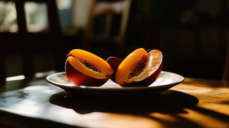 A beautifully arranged plate with sliced fruit basking in sunlight. The warm colors and rustic setup create an inviting and healthy atmosphere for delicious snacking.の素材