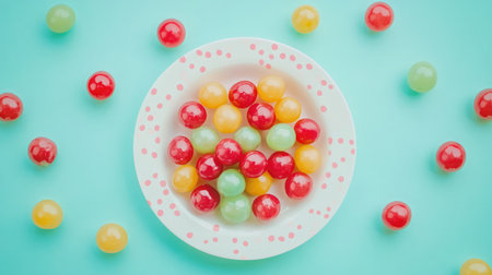A delightful arrangement of colorful candies on a decorative plate against a bright blue background, perfect for a festive occasion or sweet treat display.の素材