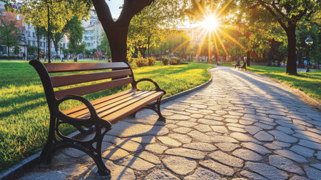 A tranquil park bench illuminated by golden sunlight, surrounded by lush greenery and a scenic pathway, inviting moments of relaxation and reflection.の素材
