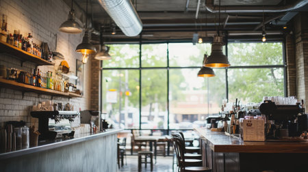 A cozy modern coffee shop interior featuring natural light, wooden furniture, and a welcoming atmosphere perfect for socializing or working.の素材