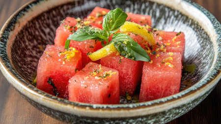 A delightful fresh watermelon salad served in a beautiful bowl, garnished with herbs and citrus, perfect for summer gatherings and healthy dining.の素材