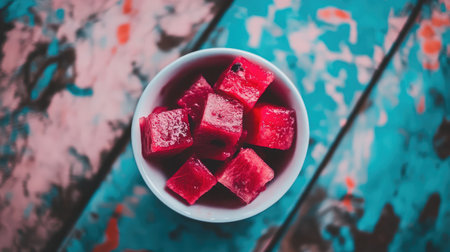 This vibrant image features fresh watermelon cubes in a colorful bowl, ideal for summer snacks or healthy desserts, showcasing juicy fruit on a rustic wooden background.の素材