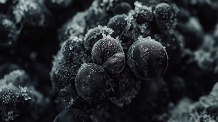 Close-up view of frozen berries with a layer of frost on a dark background, highlighting the unique textures and colors of natureの素材