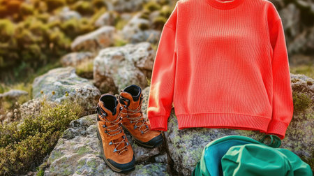 A bright orange sweater paired with rugged hiking boots sits on rocky terrain, highlighting outdoor adventure gear against a scenic backdrop.の素材