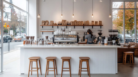A modern coffee shop interior featuring a bright, inviting atmosphere. The barista prepares beverages at a minimalist counter, surrounded by wooden decor.の素材