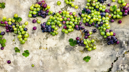 A beautiful display of fresh green and purple grapes scattered on a textured stone background. Ideal for food-related content and organic themes.の素材