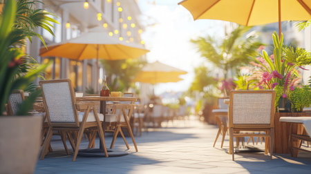 A charming outdoor dining area featuring cozy wooden furniture, bright umbrellas, and lush greenery, perfect for relaxation under the sun.の素材