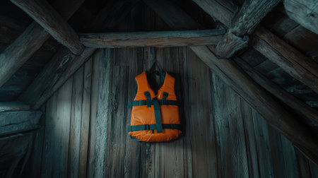 A vibrant orange life jacket is prominently displayed on a rustic wooden wall, emphasizing the importance of safety equipment for enjoyable water activities in cozy environments.の素材