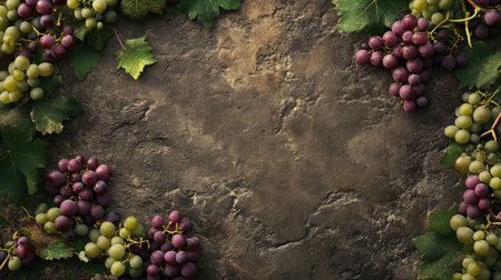A beautiful arrangement of green and purple grapes alongside vibrant leaves on a rustic stone background, perfect for food and nature-themed projects.の素材