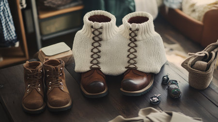 A stylish arrangement featuring cozy winter boots with chunky wool socks, perfect for home settings. Ideal for showcasing footwear fashion trends.の素材