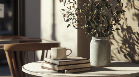 A serene coffee scene featuring a cup, stacked books, and a delicate flower arrangement in a stylish vase, illuminated by warm sunlight. Perfect for a cozy atmosphere.の素材