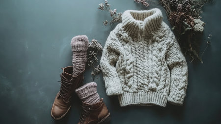 A stylish flat lay featuring a cozy knit sweater and brown boots, perfect for fall and winter fashion. Embrace warmth and comfort with this chic arrangement.の素材